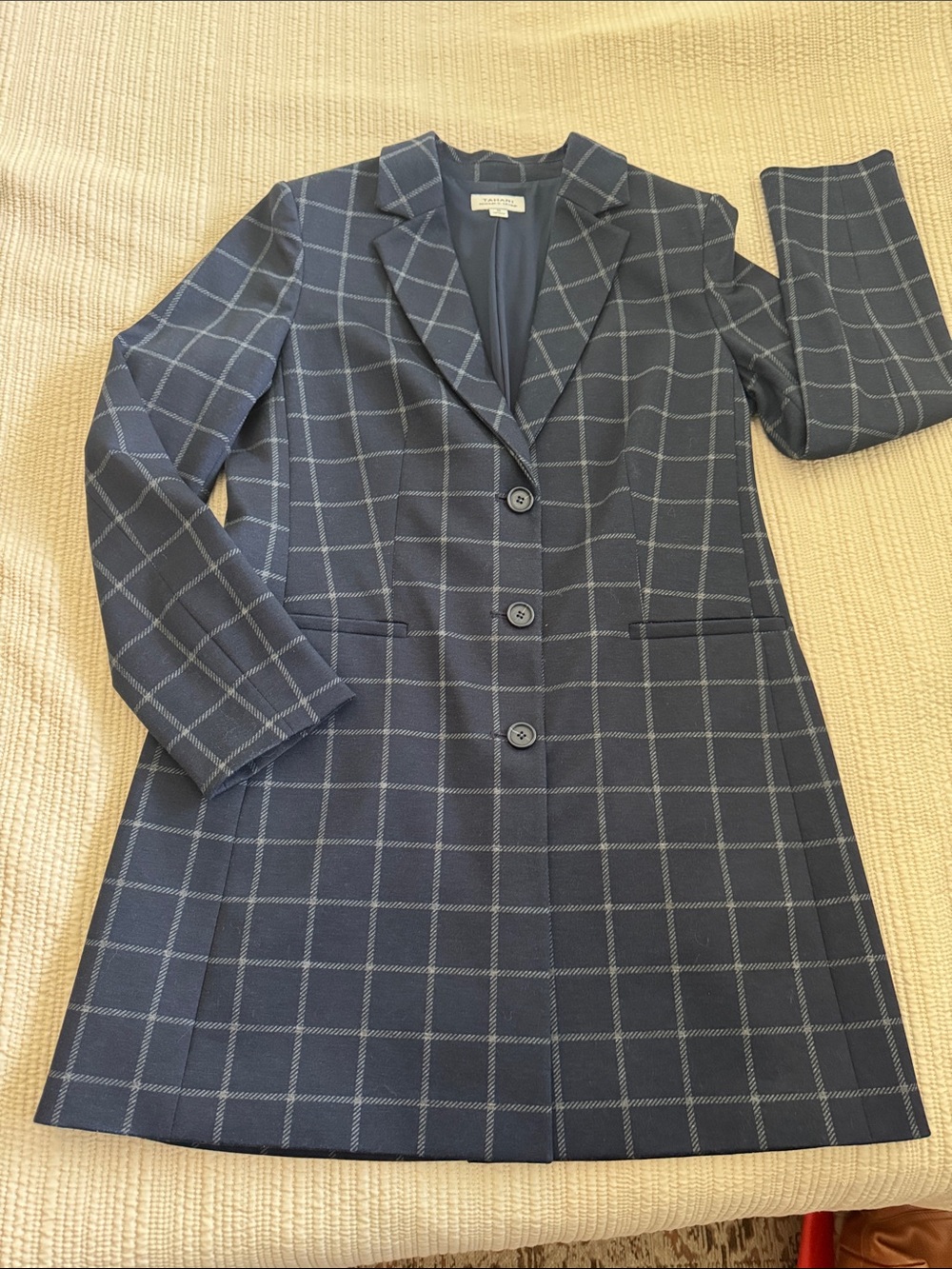 Navy Windowpane Plaid Single-Breasted Blazer Jacket - Women